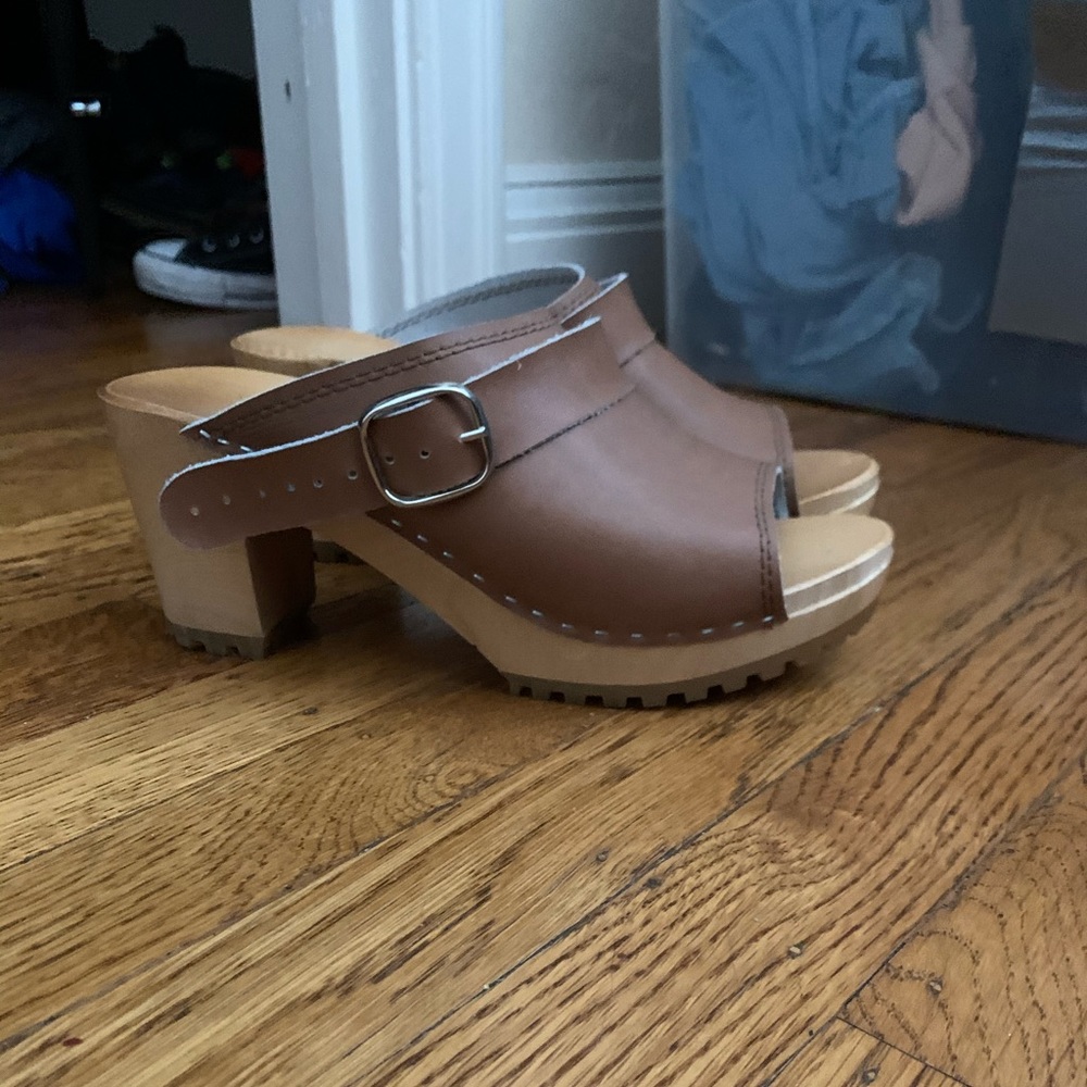 Hand made wooden clogs in tan